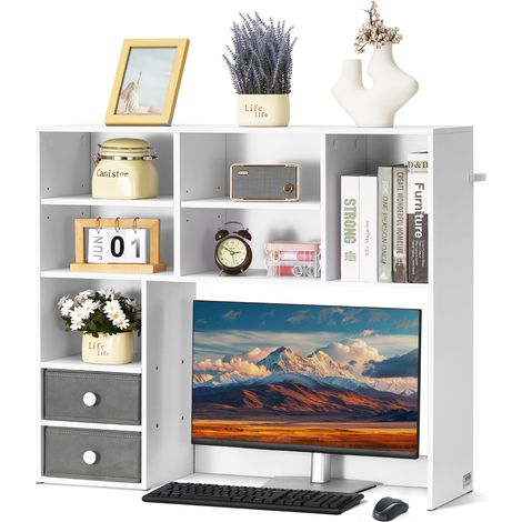 VEVOR Libreria da Scrivania, Organizer per Scrivania a 3 Ripiani, 94 x 25,4 x 79,2 cm Scaffale per Ufficio in Legno, Libreria da Scrivania con Due Cassetti in Tessuto, per Ufficio Dormitorio, Bianco