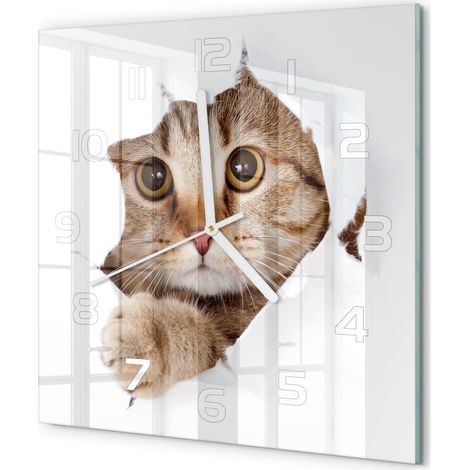 Horloge Murale Carrée Chambre Silencieuse en Verre Sans Tic-Tac Design Moderne Chat 30x30 cm (1/5)
