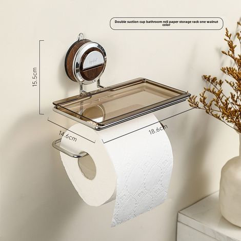 Portarrollos de papel higiénico de pared con ventosa, ligero y elegante, con almacenamiento integrado (Portarrollos de papel higiénico  estante de almacenamiento [color nogal]) (1/5)
