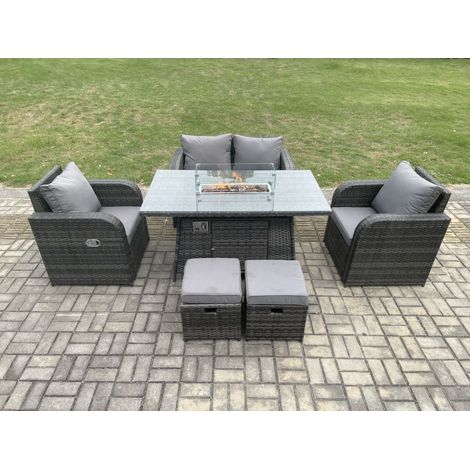 Fimous Rattan Gartenmöbel Sofa Set Gas Feuergrube Esstisch Gasheizung mit Liebe Sofa 2 Kleiner Fußhocker Dunkelgrau Gemischt (1/5)