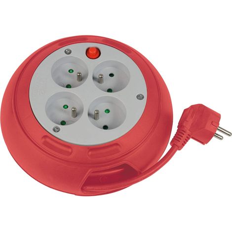 Enrouleur compact 4 prises avec interrupteur thermique - 3m - rouge
