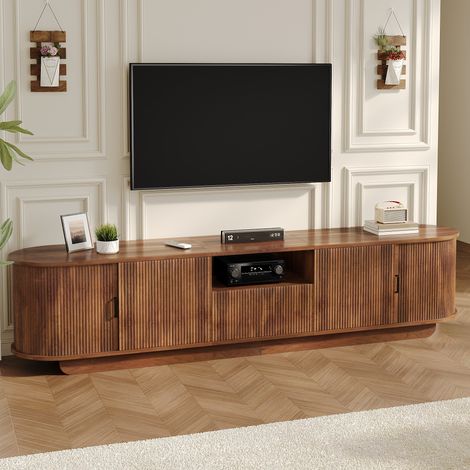 Meuble TV 200x40x50 cm avec portes coulissantes - 4 portes, 1 tiroir et étagères ouvertes - Structure ondulée 3D - Marron (1/5)