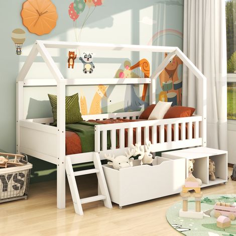 Modernluxe – Lit cabane en bois de pin 90x200 cm – Avec rangements et échelle – Sécurisé avec grille de protection – Design épuré