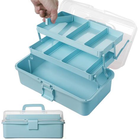 Boîte de rangement multifonction à trois niveaux, boîte à outils pliante avec séparateurs, boîte à couture, boîte à médicaments avec 2 tiroirs (bleu) (1/5)