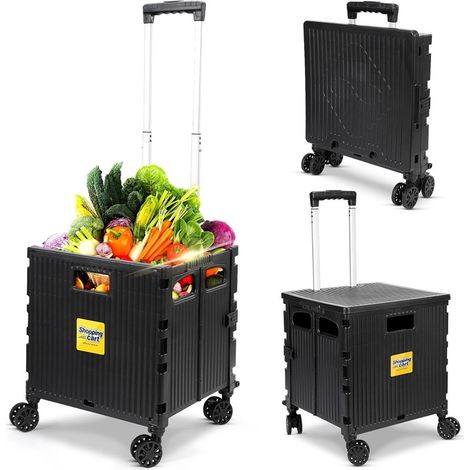 TRADE SHOP - Carrello Per La Spesa Multiuso Nero Pieghevole ‎grande Capacità Ruote Girevoli Con Freno - (1/5)