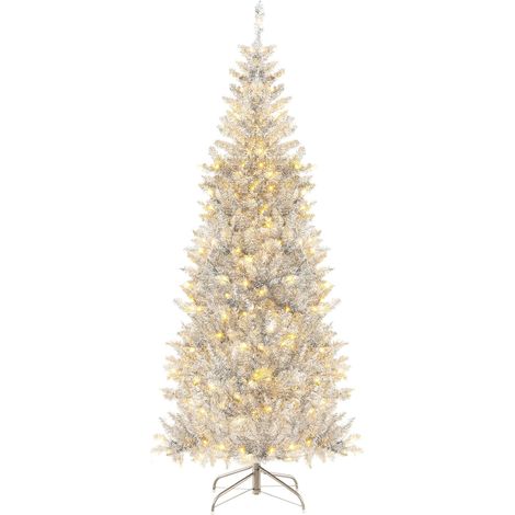 COSTWAY Sapin de Noël Artificiel avec Lumières LED, Arbre Crayon de Noël avec 790 Branches, Hauteur 180 cm, Argenté et Vert (1/5)