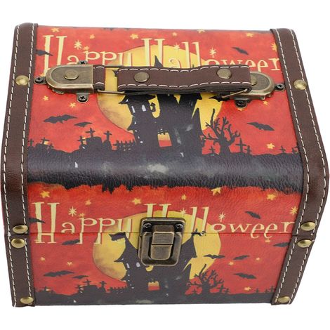 Coffre à trésor décoratif, motif maison hantée, style vintage, en cuir et bois, idéal pour les fêtes (18 x 14 x 12 cm / 7,09 x 5,51 x 4,72 pouces). (1/5)