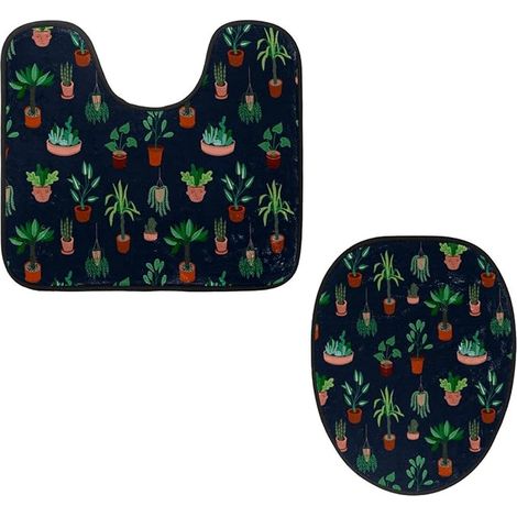 Lot de 2 tapis contour WC en forme de U et housse pour abattant de WC, tapis de salle de bain en flanelle douce et antidérapante, motif plantes vertes en pot (1/5)
