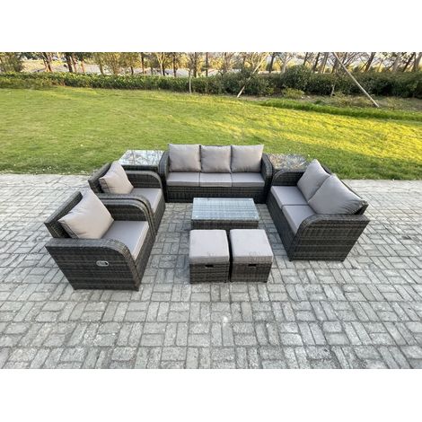 Fimous Ensembles de meubles de jardin 9 places Ensemble de canapés en rotin avec Table basse rectangulaire Chaise inclinable Canapé d'amour 2 Tables d'appoint 2 Petits tabourets (1/5)