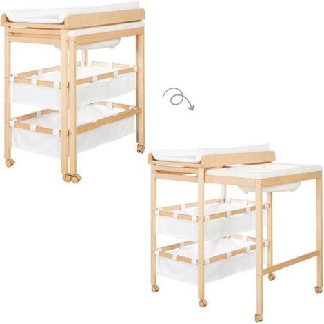 Erweiterbare Wickeltisch mit Badewanne - ROBA - BABY POOL - Wickelauflage 'Roba Style' in Weiß inklusive - Naturholz