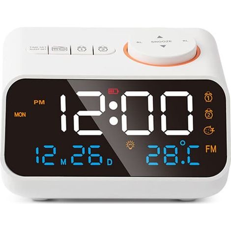 3. Radio-réveil numérique, radio FM, affichage de la température/humidité, commande vocale, fonction snooze, LED, blanc. (1/5)