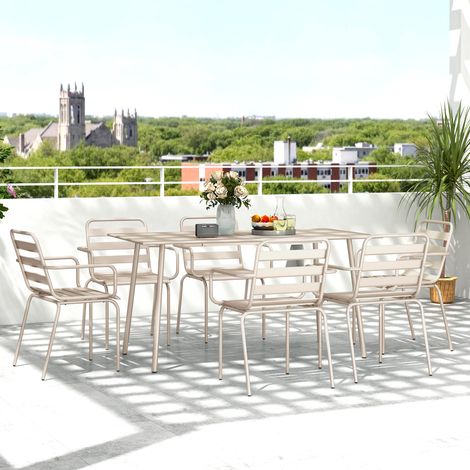 Set de jardin 7 pièces : table rectangulaire et 6 chaises pliantes en métal beige pour repas extérieur