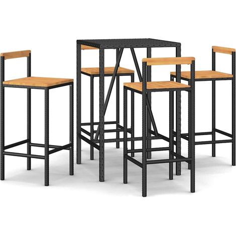 Set Bar Giardino 5 pz Salotto da Giardino Nero Polyrattan e Legno Massello Acacia (1/5)