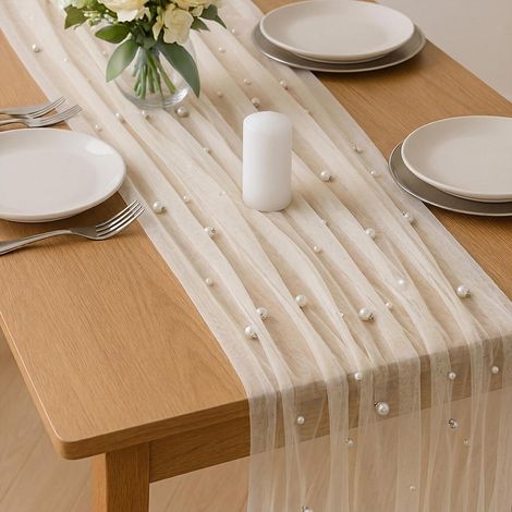 Tischläufer Tüll mit Perlen 75x300cm Beige für Hochzeiten & Feiern