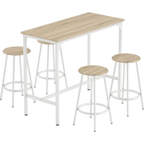 Set da Pranzo 5 Pezzi con Bancone da Bar 110x50x89,5 cm e Sgabelli Ø30x60,5 cm in Legno e Metallo Color Legno (1/5)