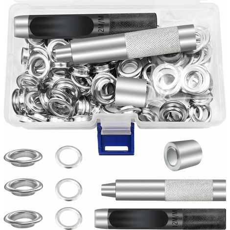 SHINING HOUSE Trousse à œillets Outils 12mm Metal Ensembles Oeillets 100 Set Kit de Grommets Eyelets Kit pour Toile Bâche Tente de Réparation Argent(1/2 Pouce)