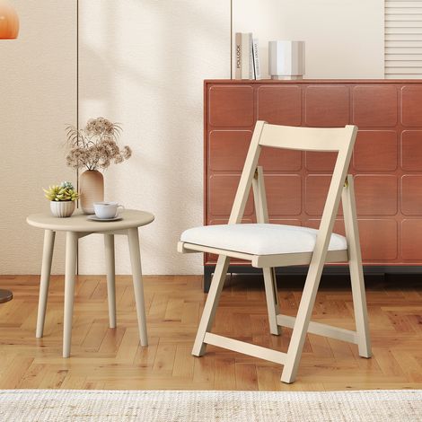 Lot de 2 Chaise Pliante avec Dossier Courbé, Chaises de Salle à Manger Rembourrées, Structure en Bois de Caoutchouc, pour Salon, Charge 150 kg, Beige (1/2)