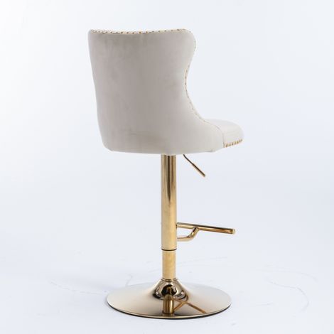 Tabourets de Bar Pivotants en Velours, Hauteur Réglable 63-84 cm, Chaises de Comptoir avec Dossier Capitonné et Clous Dorés, Piètement Doré, Assise Rembourrée pour Îlot de Cuisine, Café et Pub, Beige, (1/5)