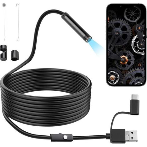 Caméra Endoscopique HD avec 6 LED Réglables, 1080P Endoscope Industriel Étanche IP67 3 en 1 USB Type-C/Micro-USB, Caméra d’Inspection pour Android, PC, Automobile, Canalisation, Plomberie(5M) (1/5)