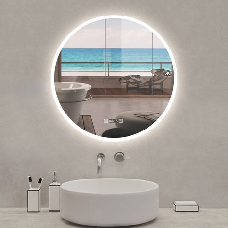 Acezanble Miroir lumineux rond 80cm,3 couleurs + dimmable + horloge + anti-buée + mémoire, miroir salle de bain