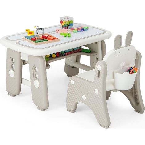 COSTWAY Table Enfants avec Chaise en Forme Lapin & 3 Hauteurs Réglable, Table à Dessin Magnétique avec 12 Stylos & 26 Lettres, Espace de Stockage, Charge 68kg pour Enfants de 1-12 Ans