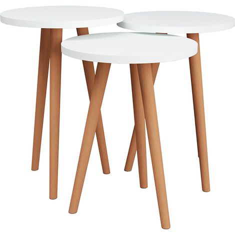 Ensemble de 3 tables d'appoint rondes blanches sur pieds - Diamètre 35 cm, Hauteurs différentes : 49, 47 et 45 cm (1/3)