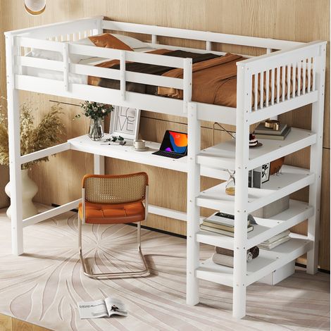 Hochbett 90x200 cm Weiß aus Kiefernholz und MDF mit Schreibtisch, Ablagefächern und Absturzschutz (1/5)