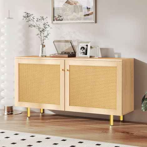 Buffet en osier, meuble de rangement à deux portes, buffet rustique pour la salle à manger. Aspect bois naturel - H 63 / L 120 / P 40 cm (1/4)