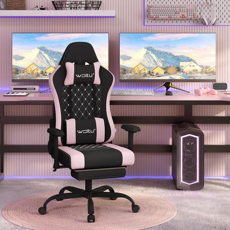 Woltu – Chaise gaming massante large avec coussin lombaire – Dossier inclinable 90° à 155° – Accoudoirs réglables – Tissu maille noir et rose (1/5)