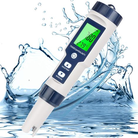 Testeur multifonction professionnel 5 en 1 pour la qualité de l'eau : pH, conductivité électrique, TDS, salinité et température.