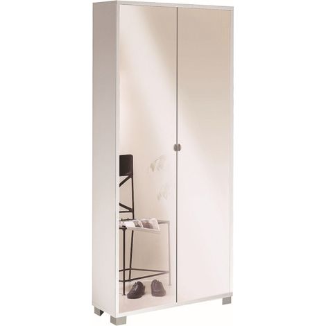 Armoire à miroir 2 portes 83L x 29P x H190 cm – Finition blanc flammé – 8 étagères réglables – Poignée aluminium bruni – Pieds chrome satiné – Sarmog (1/4)