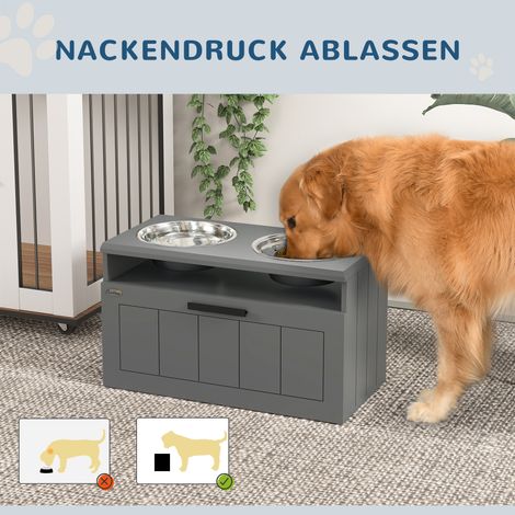 Distributeur de croquettes pour grands chiens, 2 gamelles en inox, tiroir, distributeur pour animaux, MDF, acier, gris (1/5)