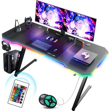 GTPLAYER Bureau Gaming 120 x 60 cm, Bureau Gamer avec Tapis de Souris, Table Gaming PC en Fibre de Carbone avec Crochet pour Casque, Avec Lumière Led (1/5)