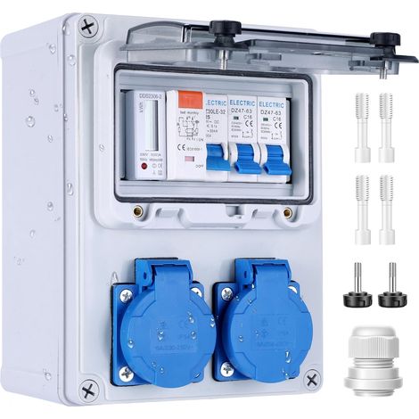 Répartiteur mural pré-câblé avec compteur d'électricité, répartiteur de courant de construction avec disjoncteur FI + LS, 2 prises Schuko 230 V, boîtier étanche IP67, boîte de distribution pour (1/5)