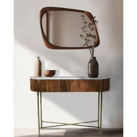 Console en bois de manguier massif et marbre blanc 100 cm – Piètement en métal doré – Dimensions 100x76x32 cm – Design élégant pour intérieur moderne (1/5)