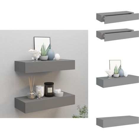 Wandregale mit Schubladen 2 Stk. Grau 60x23,5x10 cm MDF - Wandregal - Regal Mit Schublade - Grau - Modernes Möbelstück - Dekorationsschrank (1/5)