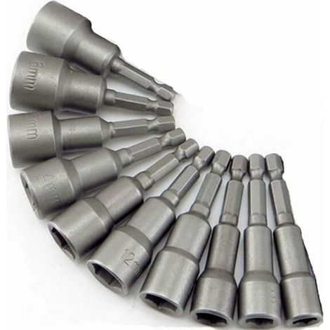 Set mit 10 magnetischen 1/4"-Sechskant-Steckschlüsseln aus Chrom-Vanadium-Stahl, 6–19 mm, für Schlagschrauber. Magnetische Bits für präzises Schrauben.