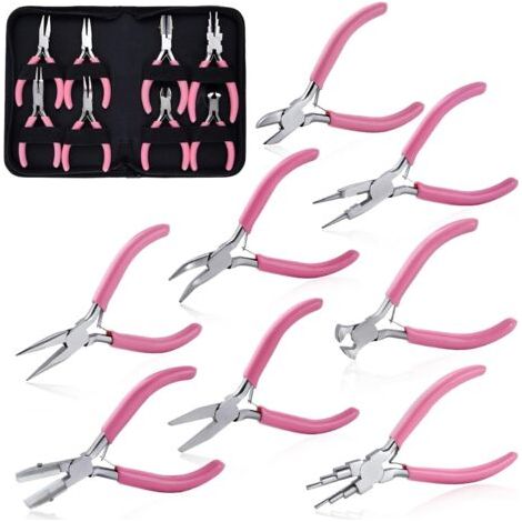 Lot de 8 pinces à bijoux - Outils de fabrication de bijoux - Mâchoire plate en nylon - Avec mâchoire lisse - Coupe longue et courbée - Rond - 6 en 1 - Pince d'emballage de fil pour perles (1/5)