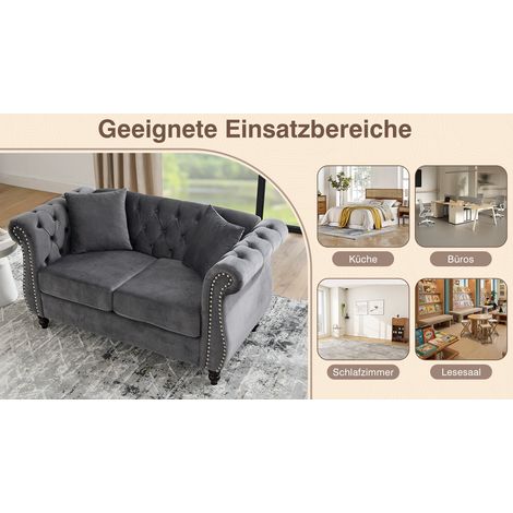 Chesterfield-Sofa, grauer Samt, Maße nicht angegeben, abnehmbare Kissen – MEUBLIV (1/5)