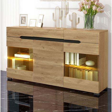 Sideboard (140x35x80 cm), mit 3 Schubladen, LED Lichtstreifen, Acryl Türen, Spanplatte, Eiche (1/5)