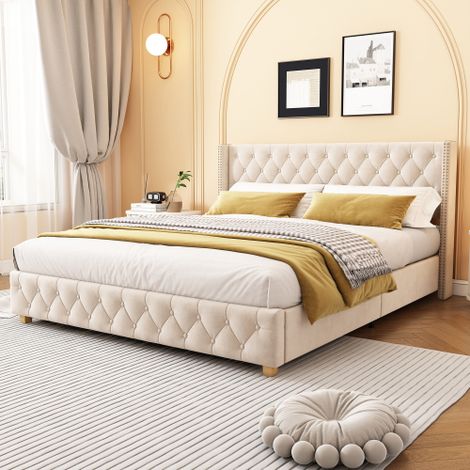 Polsterbett 160200cm mit Lattenrost und Kopfteil, Knopfpolsterung, Nietenpolsterung, Holzbeine, Samt, Hellbeige