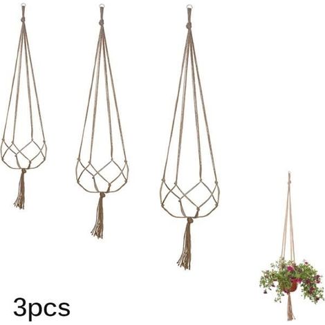 3 pièces Creative Plant Hanger Naturel Jute Chanvre Macrame Corde Fleur Pot Plante Suspendue Porte-Panier avec Porte-clés D (1/4)