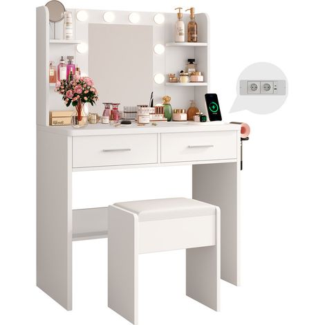 Coiffeuse avec Miroir LED et Tabouret, 10 Ampoules LED, 3 Couleurs, avec prises électriques, ports USB et Type-C, 2 Tiroirs, 4 Étagères, 80L X 40P X 136H cm, Blanc (1/5)