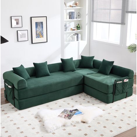 Divano modulare 270x180x64 cm trasformabile in letto, tasca laterale, corduroy, verde smeraldo (1/5)