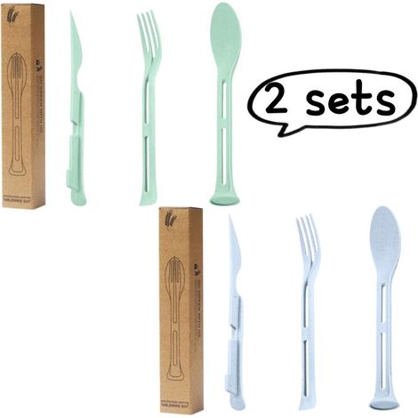Ensemble de couverts en paille de blé (2 pièces) - réutilisable et portable, comprenant une cuillère, une fourchette et un couteau 3 en 1 - idéal pour les voyages, les pique-niques et le camping - ble (1/5)
