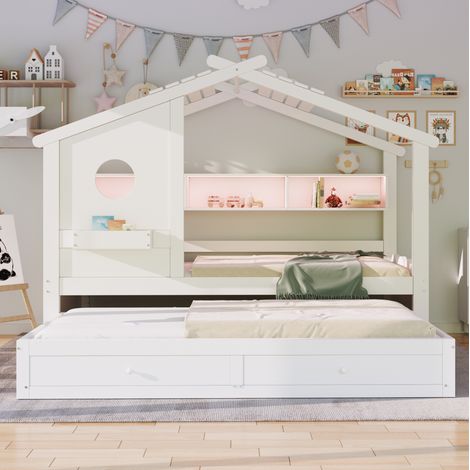 Letto a casetta in legno massello bianco 90x200 cm con letto estraibile, cassetti e LED