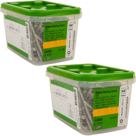 Tornillos para tarimas ESSVE HDS NN para montaje oculto en madera, A2, 4,8 x 60 mm, 250 unidades x 2 (1/3)