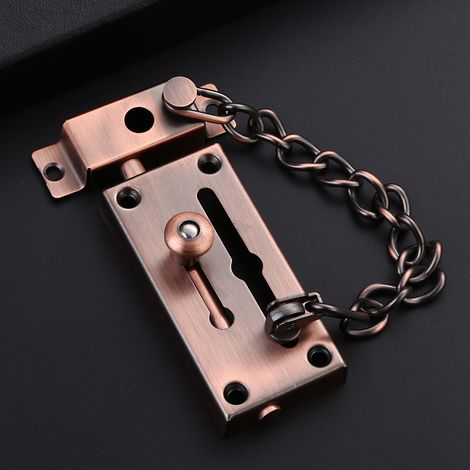 Cerradura de seguridad interior con cadena de acero inoxidable para puertas correderas, acabado en color rojo cobre, apta para puertas de entrada. (1/5)