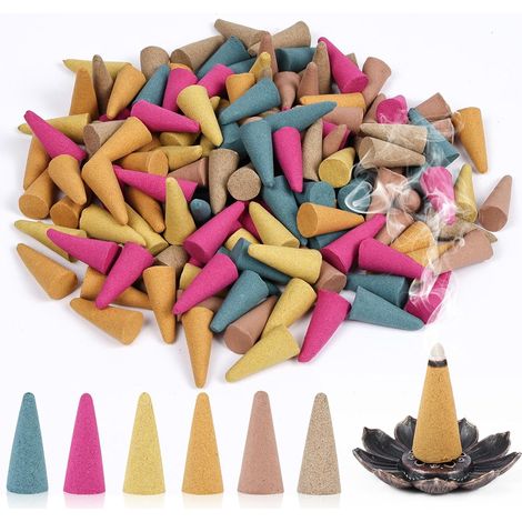 Cônes D'encens, 120 Pcs Cônes Encens Naturel avec 1 Porte-Encens 6 Parfums Naturels Dont Rose, Jasmin, Osmanthus, Océan, Bois de Santal, Armoise, pour Méditation, Yoga, Détente (1/5)