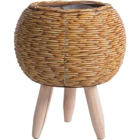 Fioriere da scaffale in finta rattan intrecciato, cestino portaoggetti fatto a mano con gambe in legno, supporto per vasi di piante, A